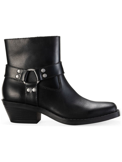 SUN STONE Womens Black Ring Hardware Non-Slip Square Toe Stacked Heel Zip-Up Leather Booties 9