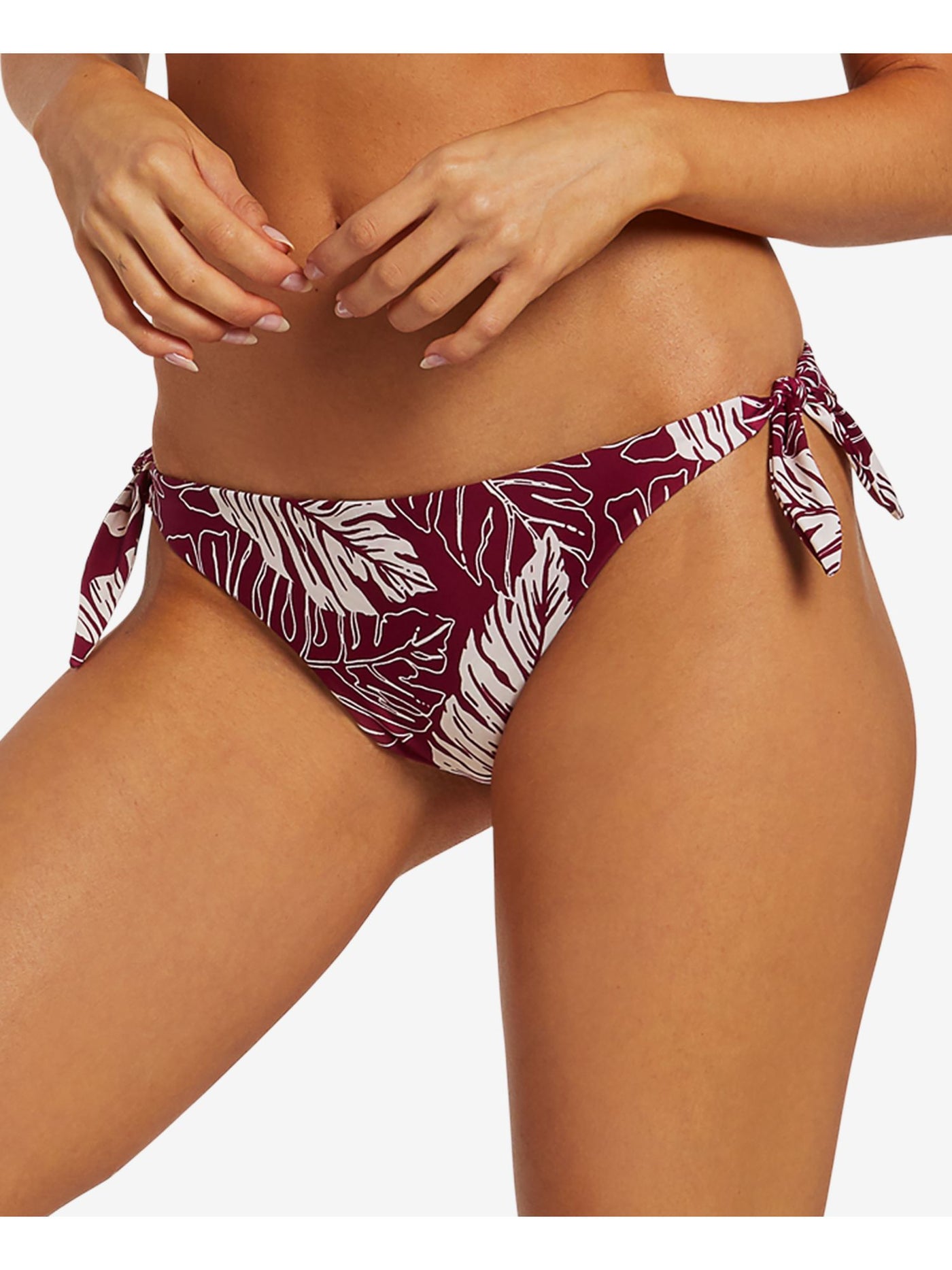 VOLCOM Women's Burgundy Palm Print Stretch Cheeky Bottom Coverage Lined Side Tie Palm Squad Bikini Swimsuit Bottom L