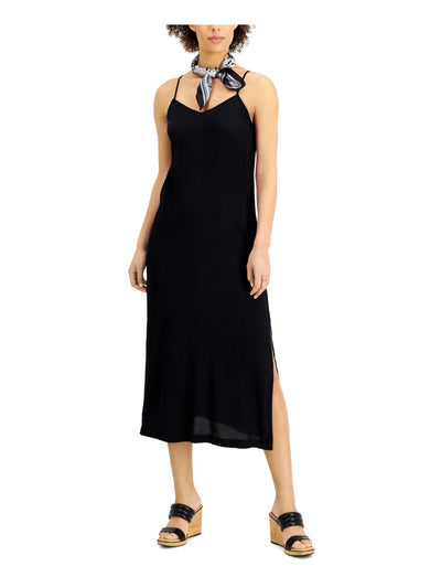 STYLE & COMPANY Womens Black Slitted Pullover Style Spaghetti Strap V Neck Midi Sheath Dress Petites PP