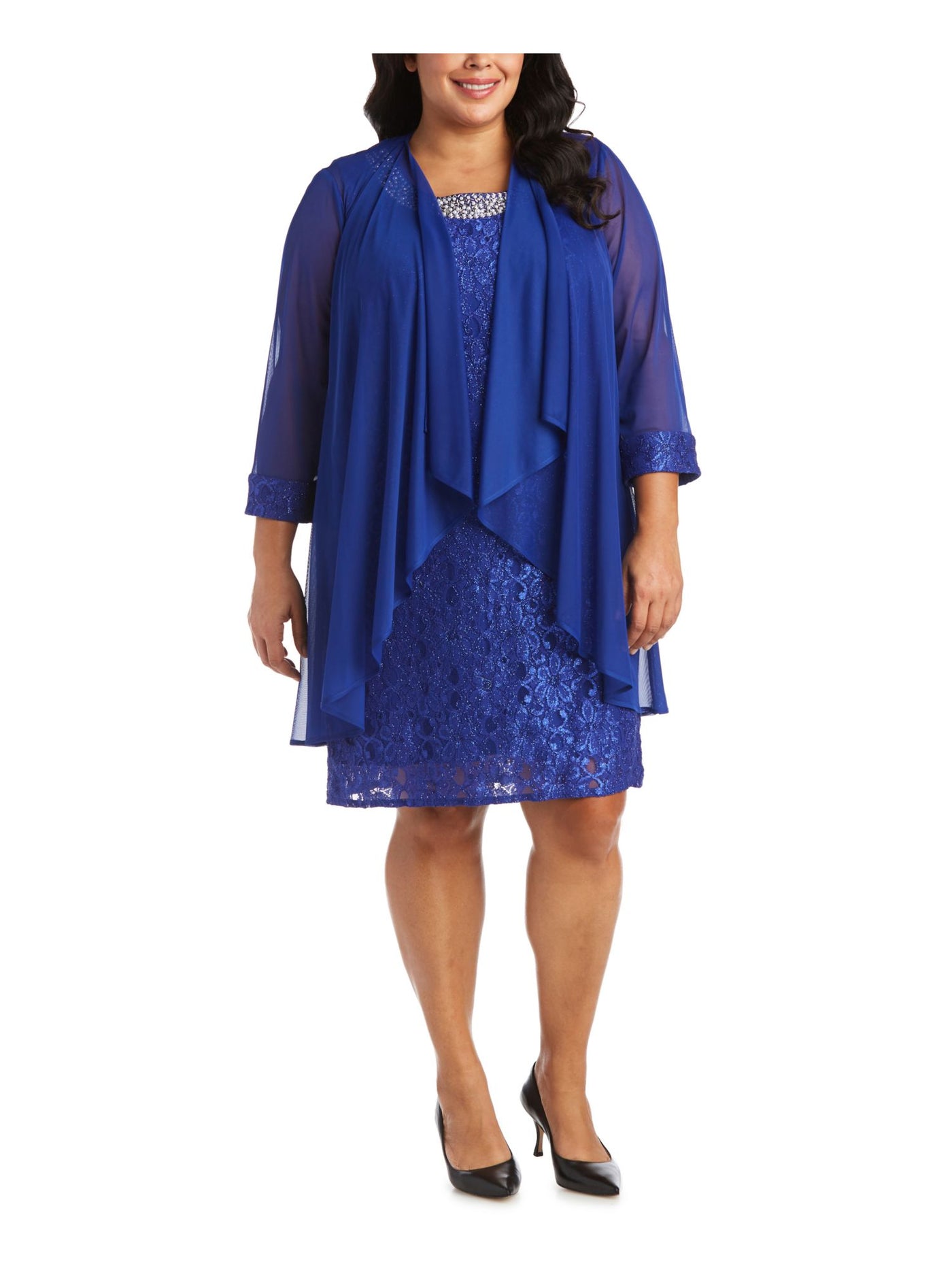 R&M RICHARDS Womens Blue Beaded Waterfall 3/4 Sleeve Jacket Sleeveless Jewel Neck Above The Knee Party Shift Dress Plus 18W