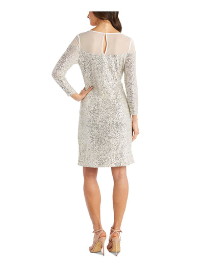 R&M RICHARDS Womens Beige Sequined Sheer Lined Hook And Eye 3/4 Sleeve Round Neck Above The Knee Evening Sheath Dress 12