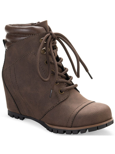 SUN STONE Womens Brown Side Zip Lug Sole Cushioned Lizzie Round Toe Wedge Lace-Up Booties 8.5