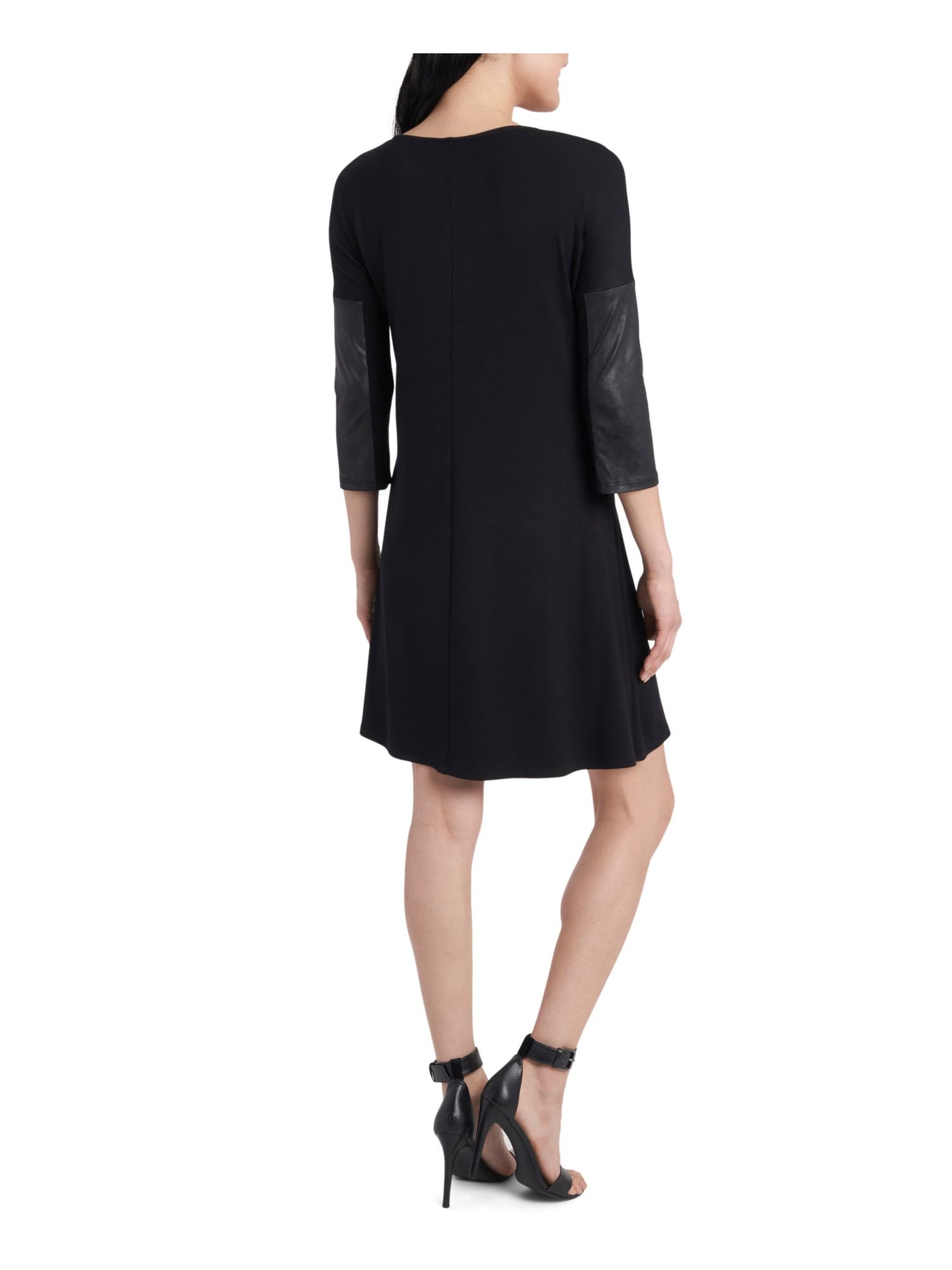 MSK Womens Black Faux Leather 3/4 Sleeve Scoop Neck Short Shift Dress M