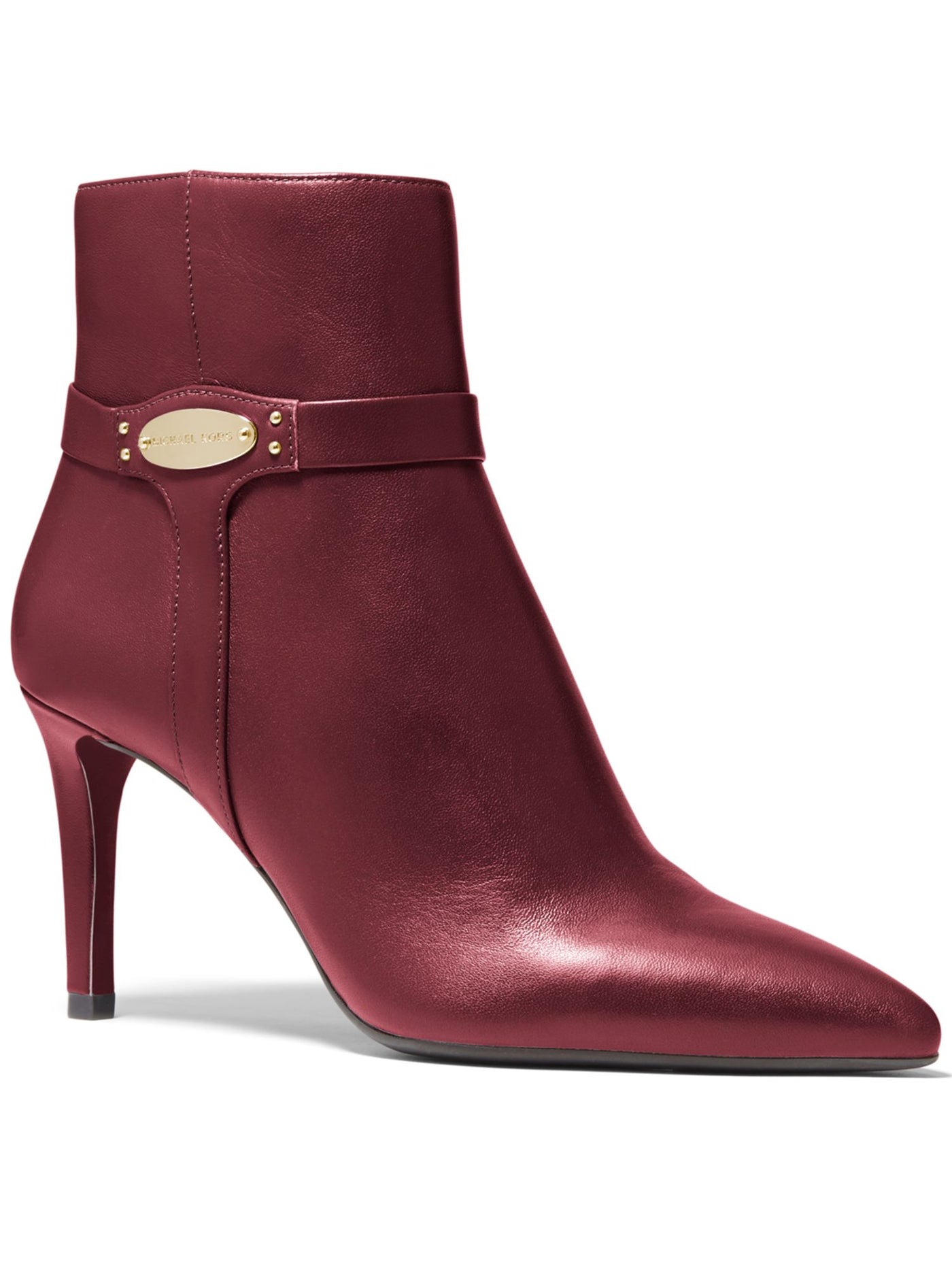 MICHAEL MICHAEL KORS Womens Dark Berry Burgundy Straps Logo-Embossed Plate Padded Finley Pointed Toe Stiletto Zip-Up Leather Booties 6 M