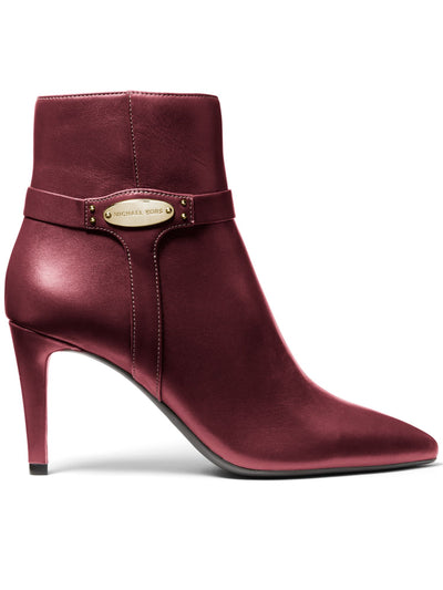MICHAEL MICHAEL KORS Womens Dark Berry Burgundy Straps Logo-Embossed Plate Padded Finley Pointed Toe Stiletto Zip-Up Leather Booties 6 M