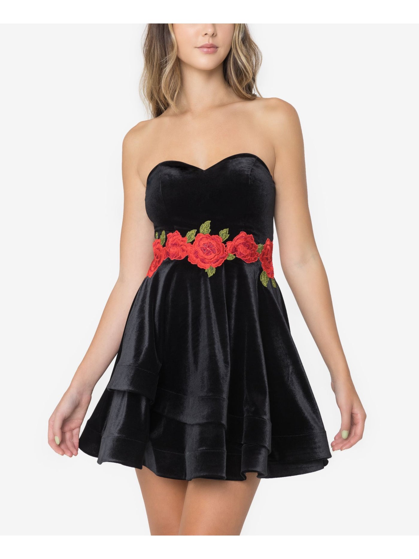 B DARLIN Womens Black Embroidered Zippered Velvet Floral Sleeveless Sweetheart Neckline Mini Cocktail A-Line Dress 13\14