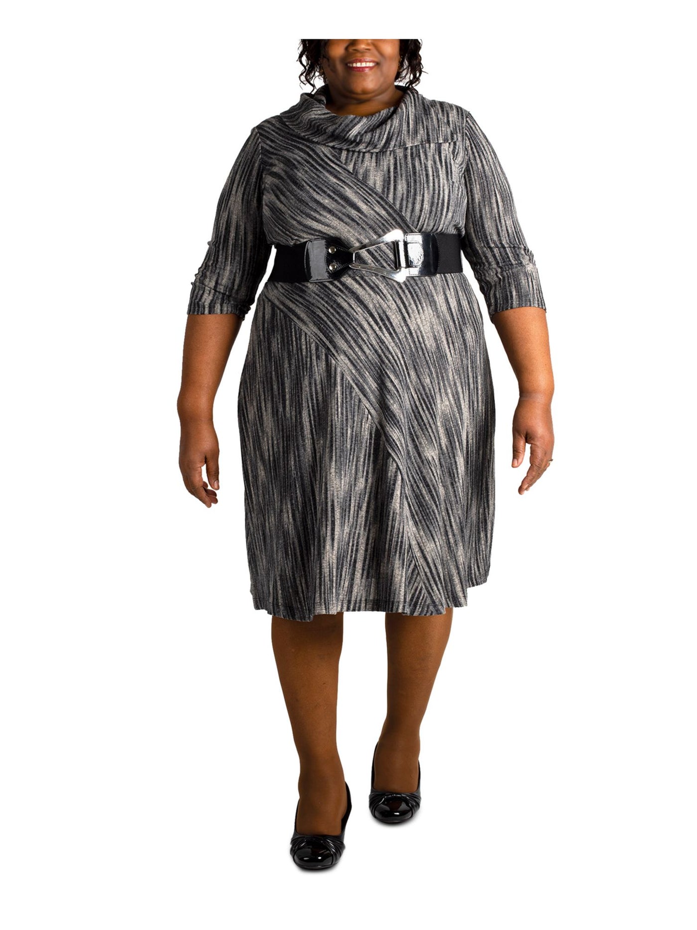 ROBBIE BEE Womens Gray Belted Foldover Neckline Printed 3/4 Sleeve Cowl Neck Below The Knee Evening Shift Dress Plus 2X