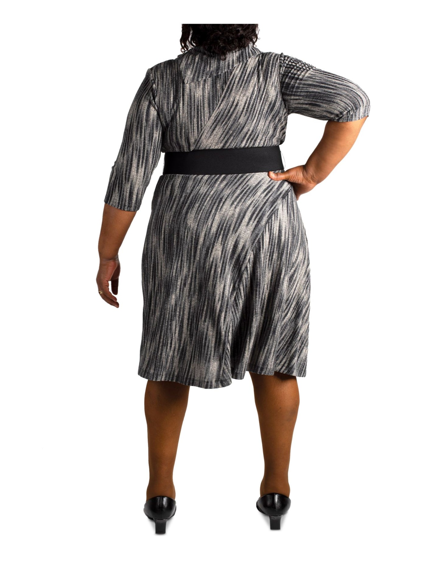 ROBBIE BEE Womens Gray Belted Foldover Neckline Printed 3/4 Sleeve Cowl Neck Below The Knee Evening Shift Dress Plus 2X