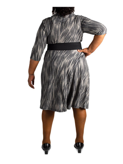 ROBBIE BEE Womens Gray Belted Foldover Neckline Printed 3/4 Sleeve Cowl Neck Below The Knee Evening Shift Dress Plus 2X