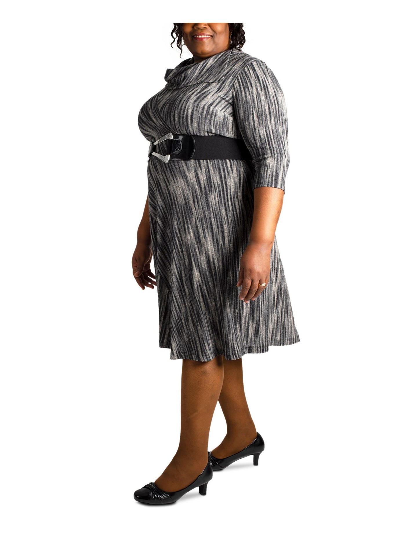 ROBBIE BEE Womens Gray Belted Foldover Neckline Printed 3/4 Sleeve Cowl Neck Below The Knee Evening Shift Dress Plus 2X