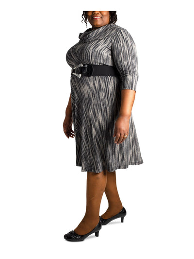 SIGNATURE Womens Gray Belted Splitcowl Neck 3/4 Sleeve Knee Length Wear To Work Sheath Dress Plus 2X
