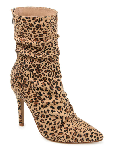 JOURNEE COLLECTION Womens Beige Leopard Print Slouchy Detail Cushioned Markie Pointed Toe Stiletto Zip-Up Dress Booties 8.5