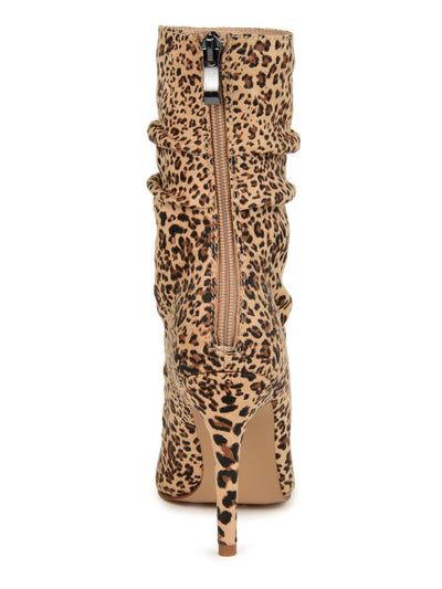 JOURNEE COLLECTION Womens Beige Leopard Print Slouchy Detail Cushioned Markie Pointed Toe Stiletto Zip-Up Dress Booties 8.5