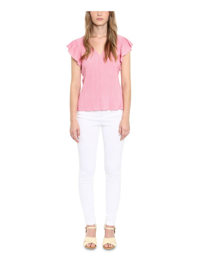 MICHAEL MICHAEL KORS Womens Pink Pleated Flutter Sleeve V Neck Wear To Work Top Plus 4X