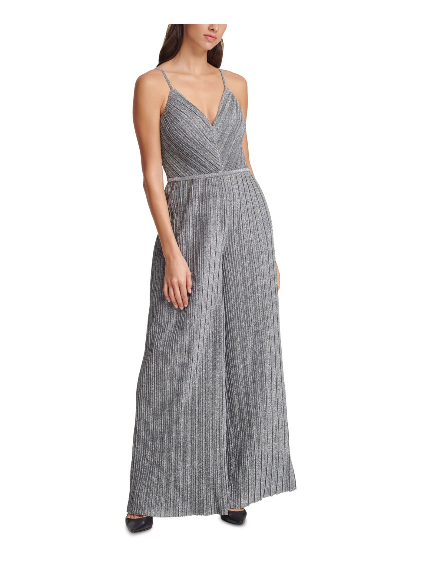 VINCE CAMUTO Womens Pleated Metallic Spaghetti Strap V Neck Party Wide Leg Jumpsuit