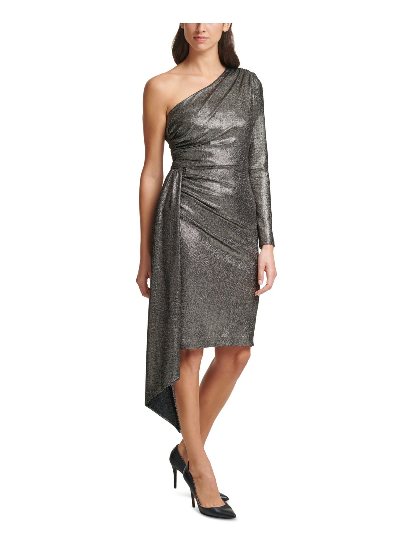 VINCE CAMUTO Womens Silver Ruched Trailing Panel Long Sleeve Asymmetrical Neckline Knee Length Formal Sheath Dress 6