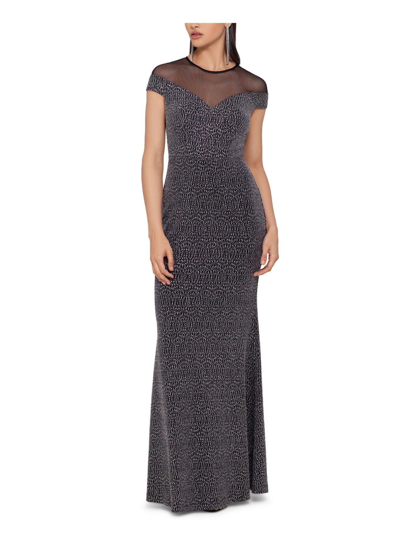 BETSY & ADAM Womens Textured Illusion Short Sleeve Crew Neck Full-Length Evening Sheath Dress