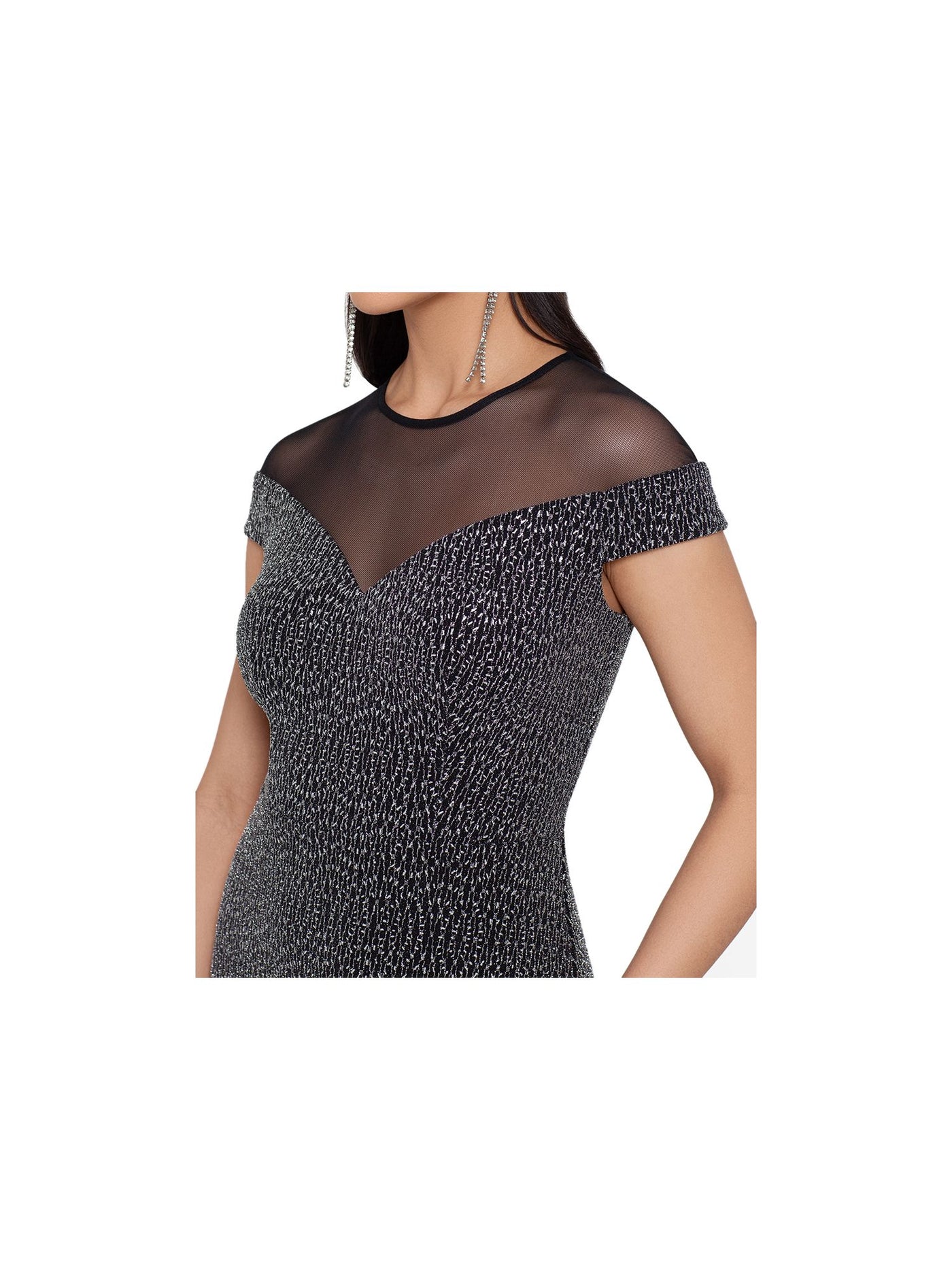 BETSY & ADAM Womens Black Textured Illusion Short Sleeve Crew Neck Full-Length Evening Sheath Dress 2