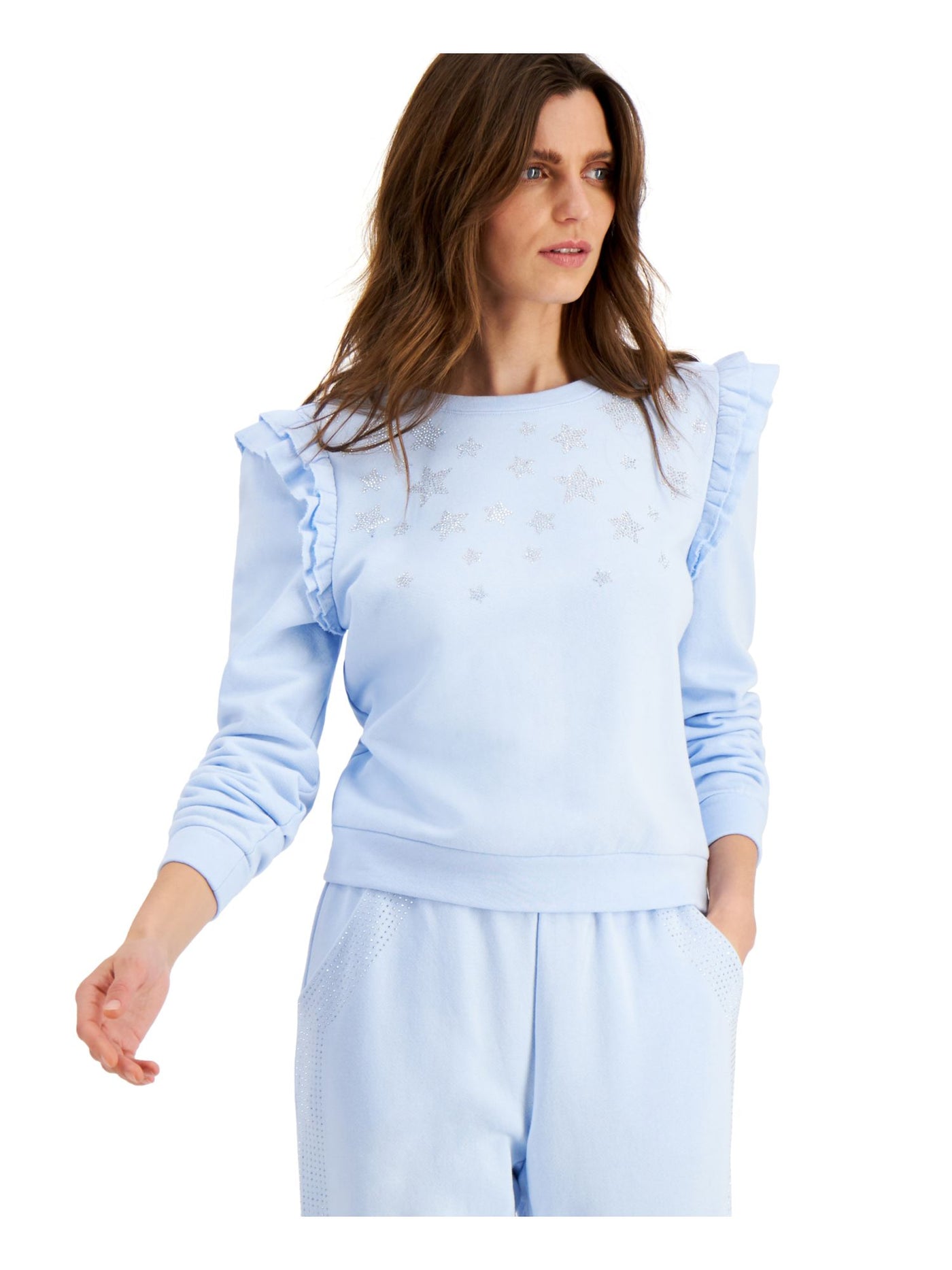 INC Womens Light Blue Embellished Ruffled Sweatshirt S