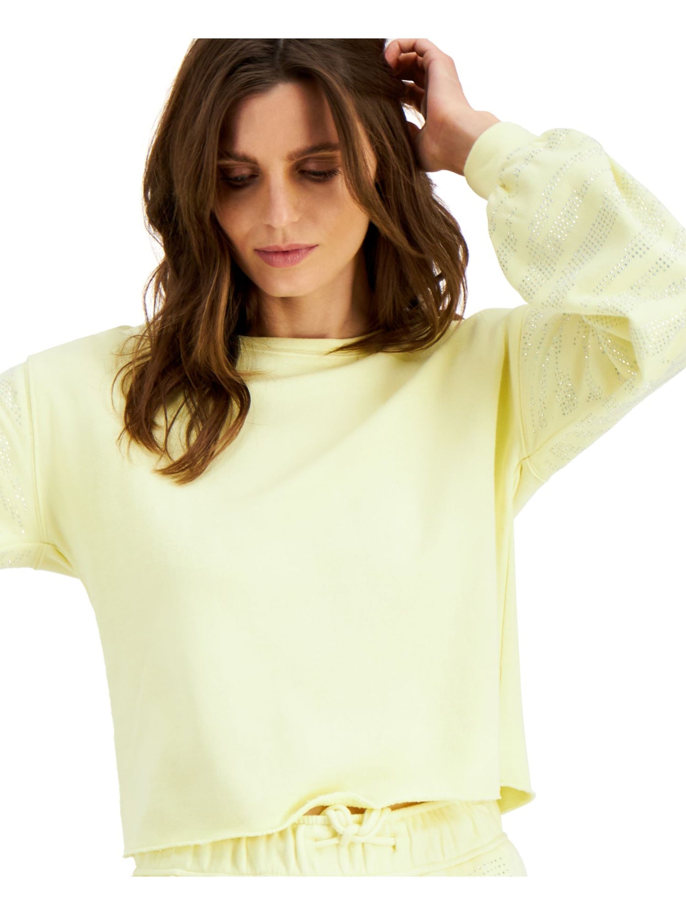 INC Womens Yellow Embellished Crew Neck Long Sleeve Sweatshirt L