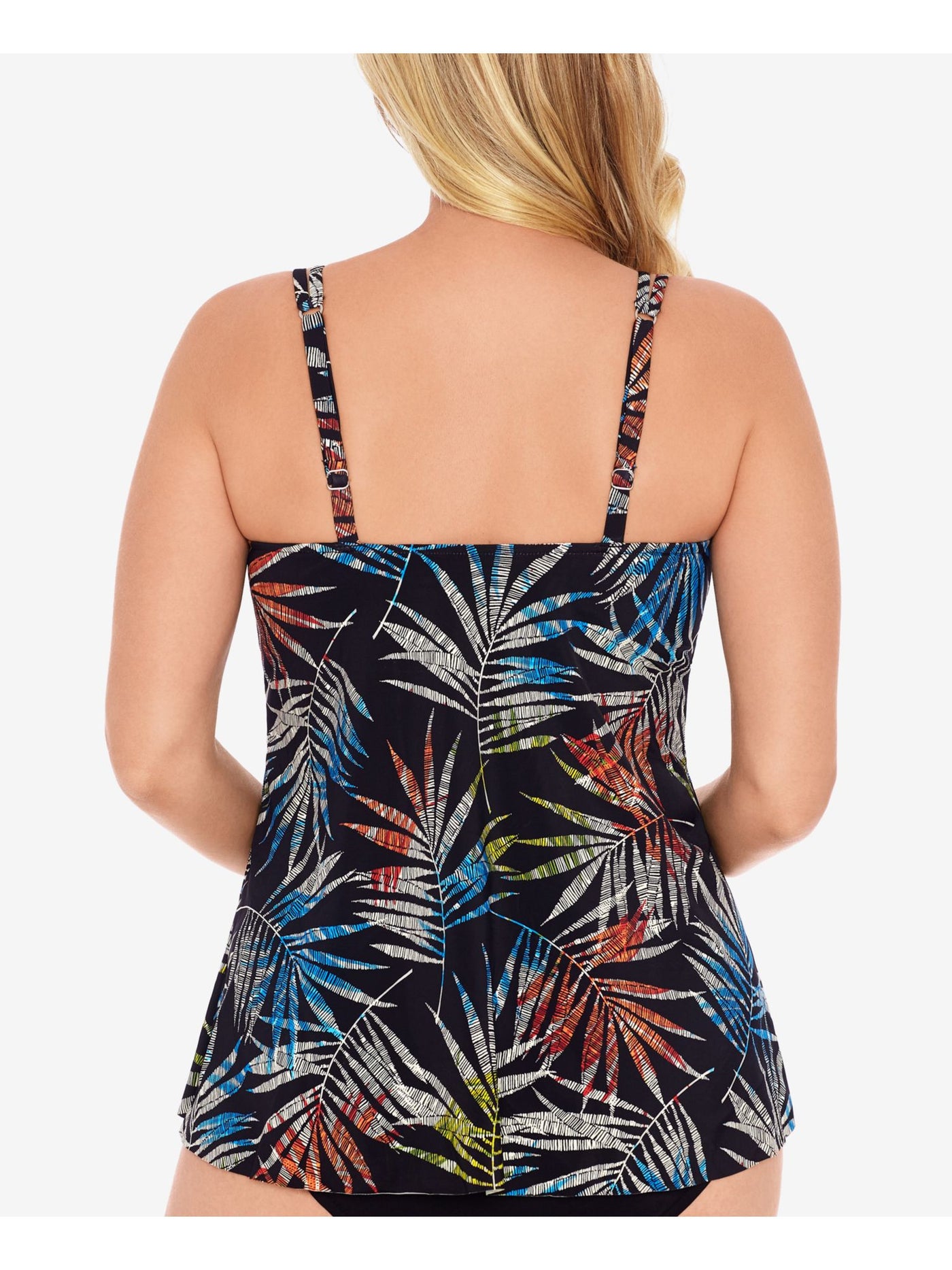 SWIM SOLUTIONS Women's Black Printed Stretch Deep V Neck Adjustable Tankini Swimsuit Top 8