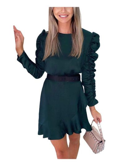 AX PARIS Womens Green Ruched Ruffled Tiered Skirt Puff Sleeves Long Sleeve Crew Neck Short Evening Sheath Dress 6