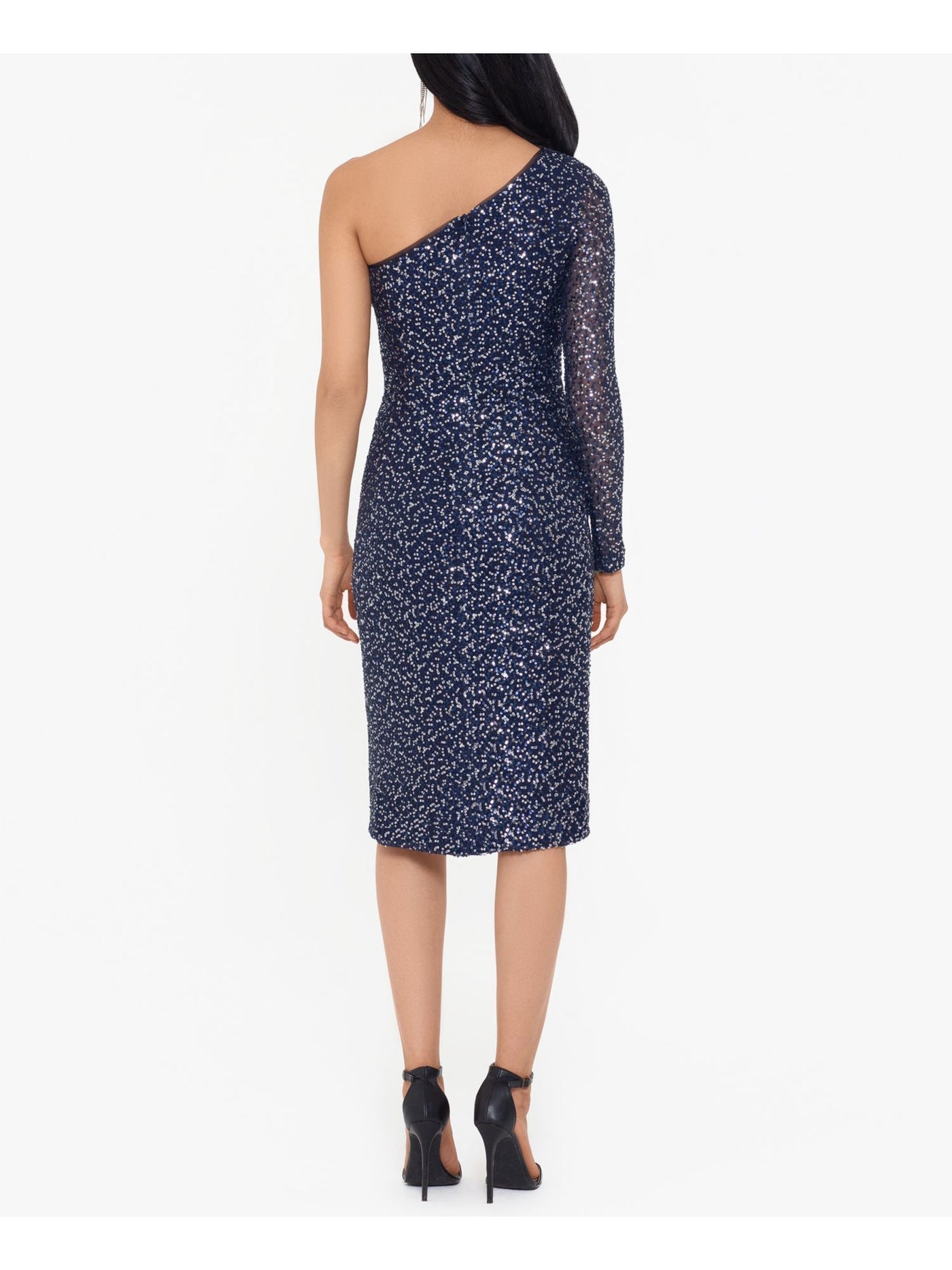 BETSY & ADAM Womens Navy Sequined Cold Shoulder Slit Long Sleeve Asymmetrical Neckline Below The Knee Cocktail Sheath Dress 4