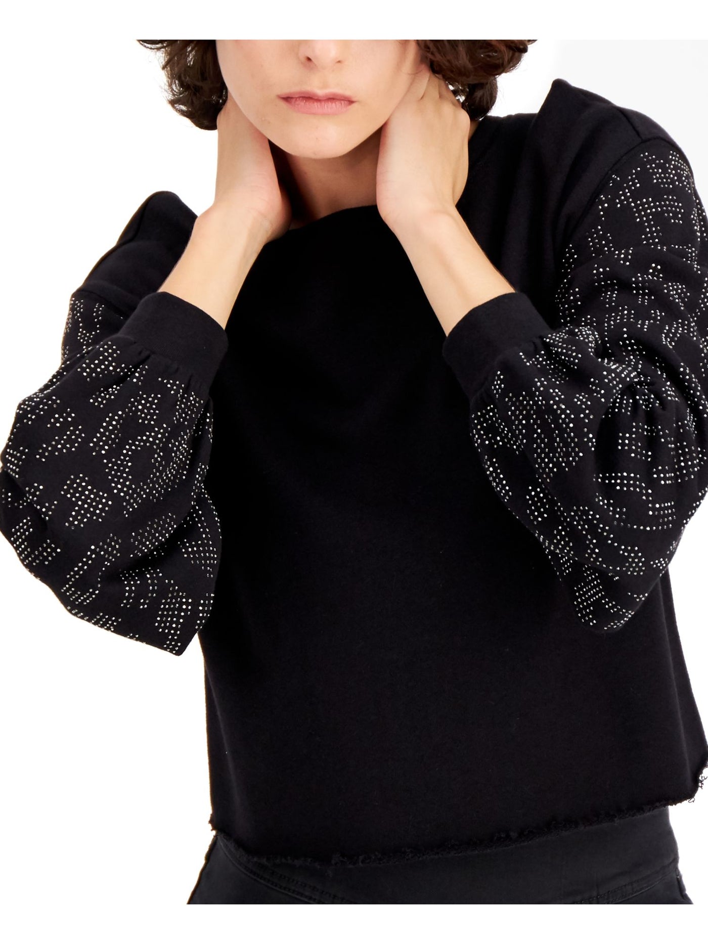 INC Womens Black Sequined Long Sleeve Jewel Neck Sweater XS