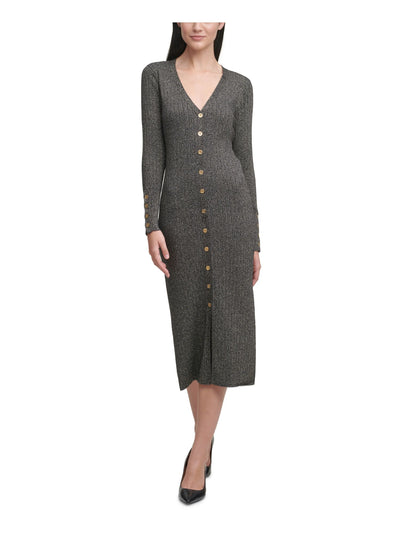 CALVIN KLEIN Womens Metallic Button Details Long Sleeve V Neck Midi Wear To Work Sweater Dress