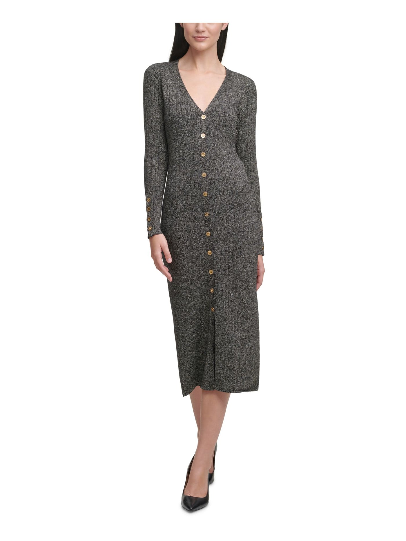 CALVIN KLEIN Womens Gray Metallic Button Details Long Sleeve V Neck Midi Wear To Work Sweater Dress L