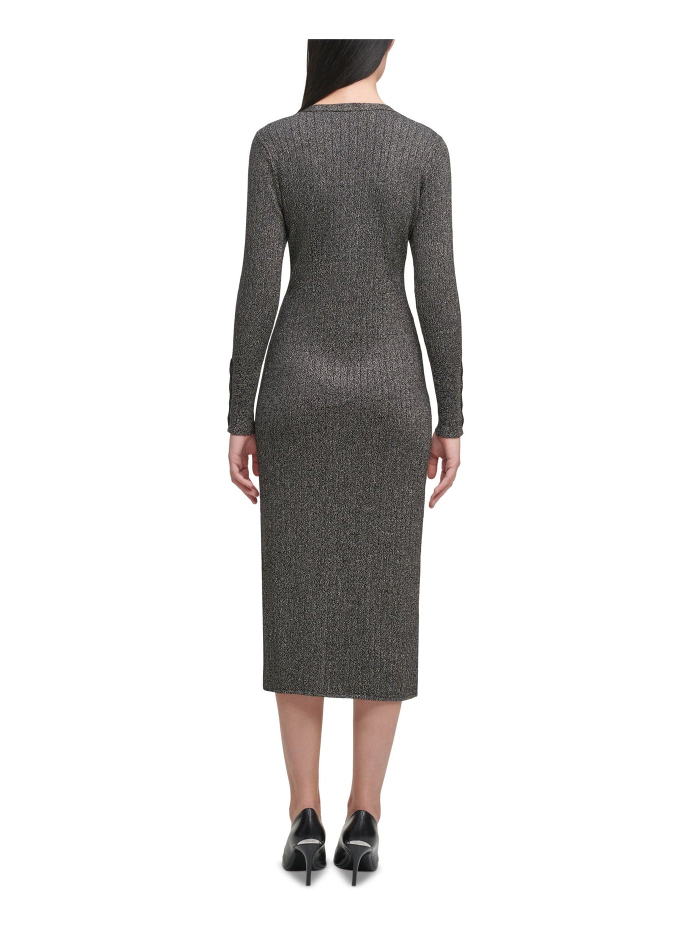 CALVIN KLEIN Womens Gold Metallic Textured Button Details Unlined Slit Long Sleeve V Neck Midi Sweater Dress S