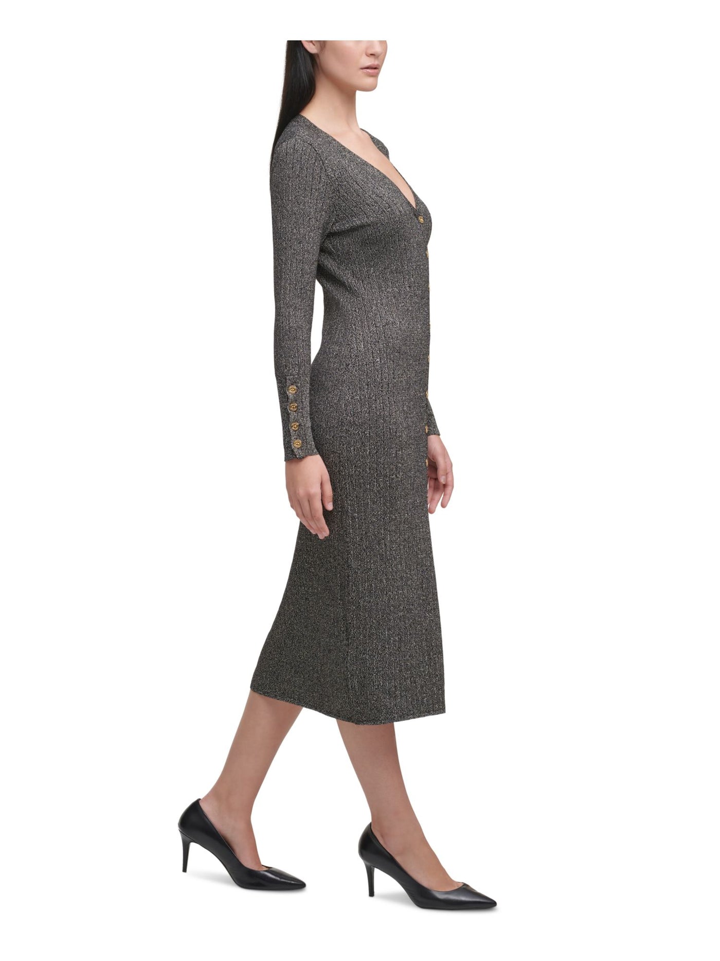 CALVIN KLEIN Womens Metallic Button Details Long Sleeve V Neck Midi Wear To Work Sweater Dress