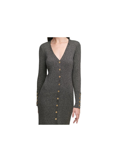 CALVIN KLEIN Womens Gold Metallic Textured Button Details Unlined Slit Long Sleeve V Neck Midi Sweater Dress S