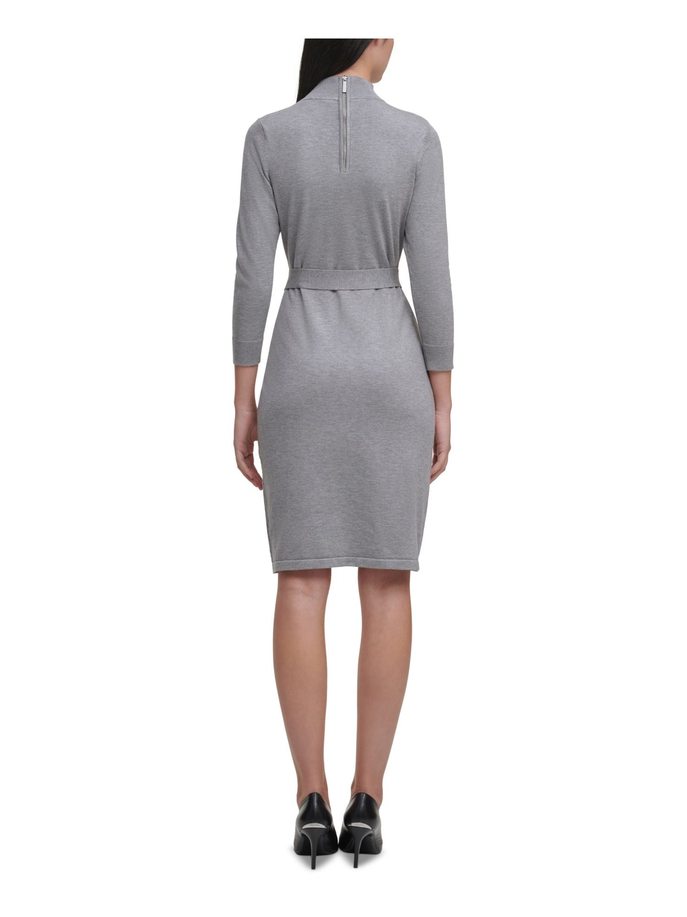 CALVIN KLEIN Womens Gray Tie Zippered Sweater 3/4 Sleeve Mock Above The Knee Evening Sheath Dress L