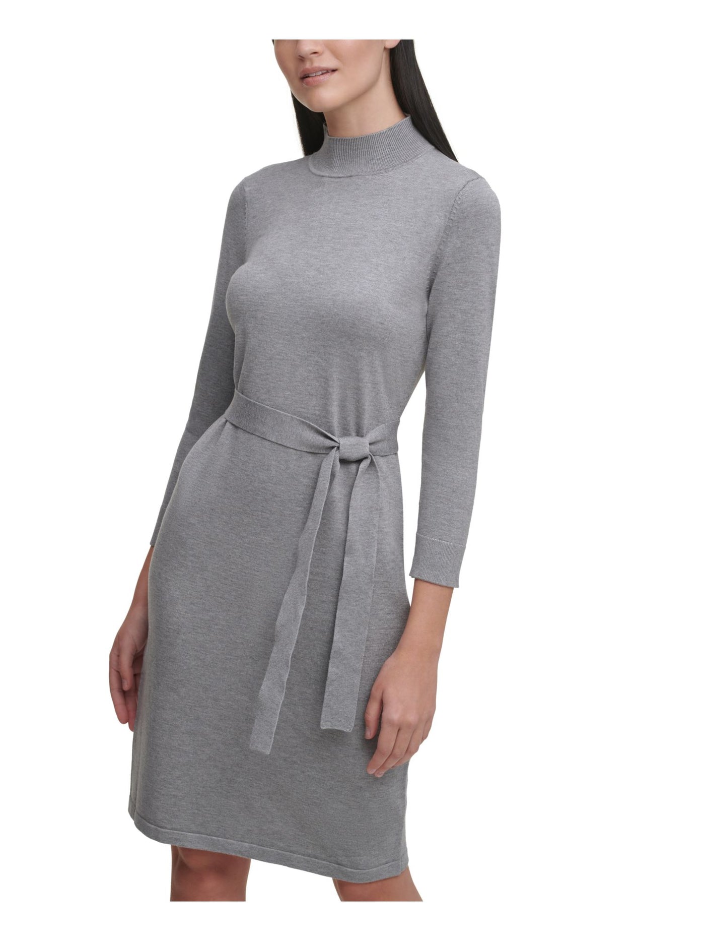 CALVIN KLEIN Womens Gray Tie Zippered Sweater 3/4 Sleeve Mock Above The Knee Evening Sheath Dress L