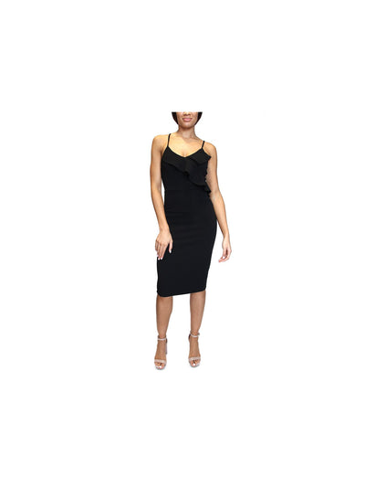 DONT YOU DARE Womens Black Ruffled Spaghetti Strap V Neck Midi Party Body Con Dress M