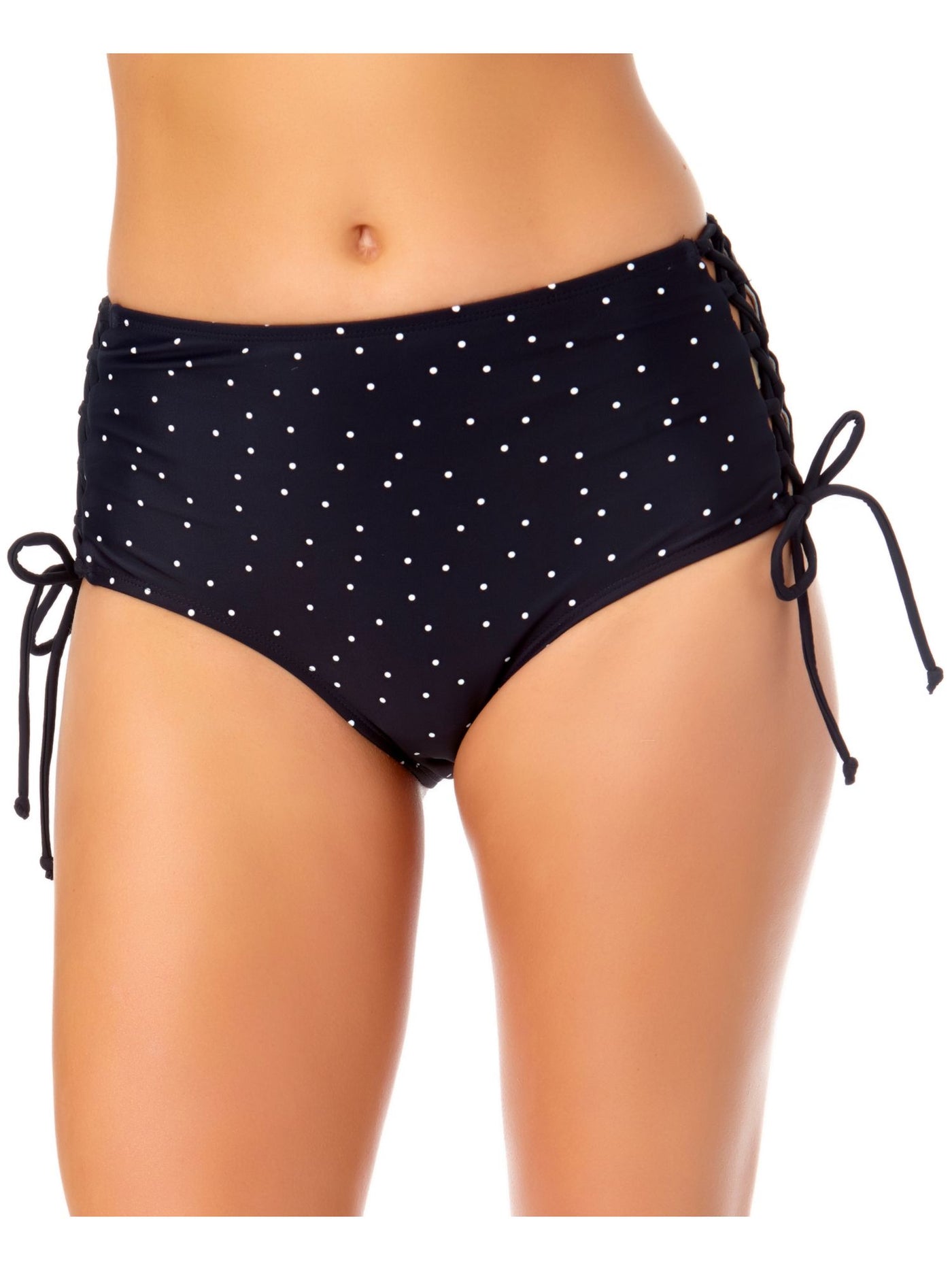 CALIFORNIA WAVES Women's Black Polka Dot Stretch Lace-Up Lined Bikini Moderate Coverage Tie High Waisted Swimsuit Bottom S
