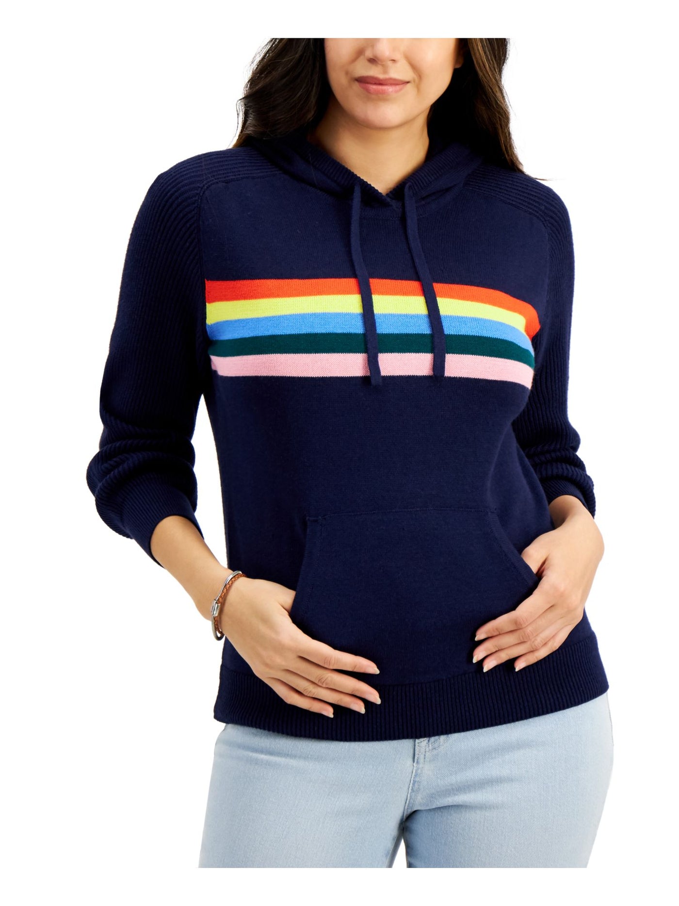 STYLE & COMPANY Womens Navy Striped Long Sleeve Hoodie Sweater Petites PM
