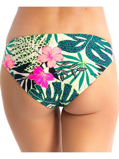CALIFORNIA WAVES Women's Green Tropical Print Stretch Lined Bikini Moderate Coverage Hipster Swimsuit Bottom M