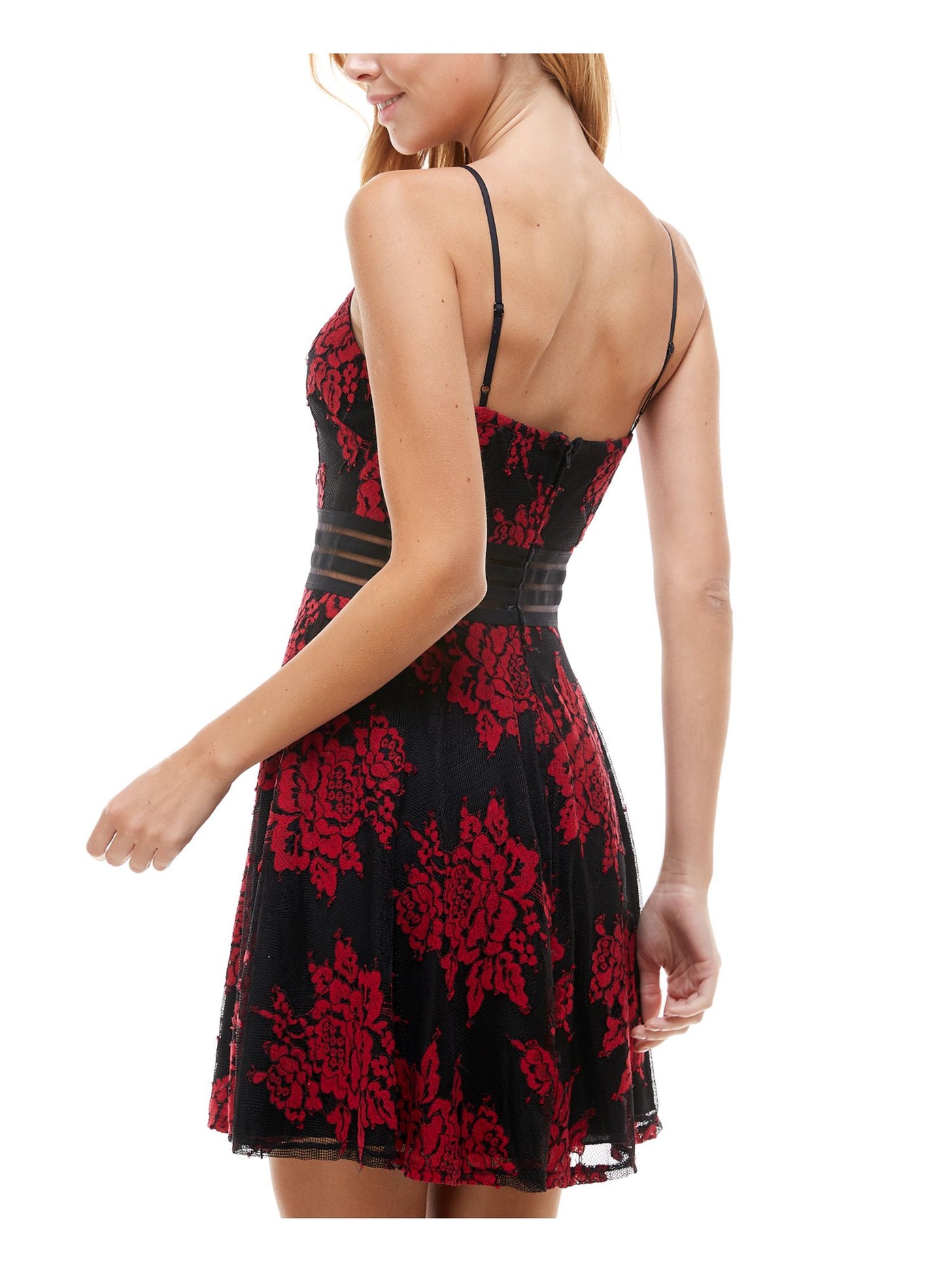 CITY STUDIO Womens Red Lace Low Back Floral Spaghetti Strap Short Party Fit + Flare Dress 1