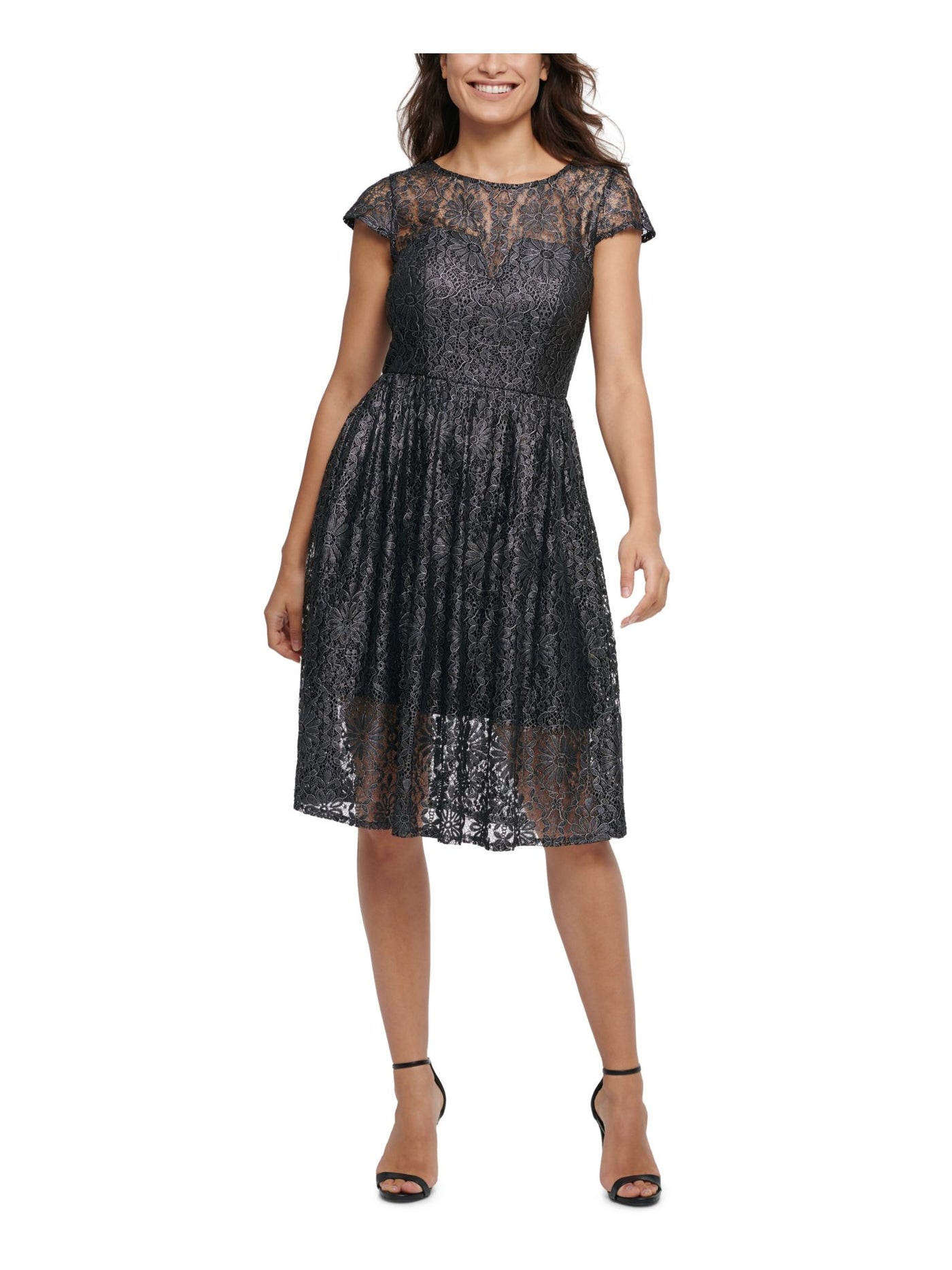 KENSIE Womens Black Lace Floral Illusion Neckline Knee Length Cocktail Fit + Flare Dress 2