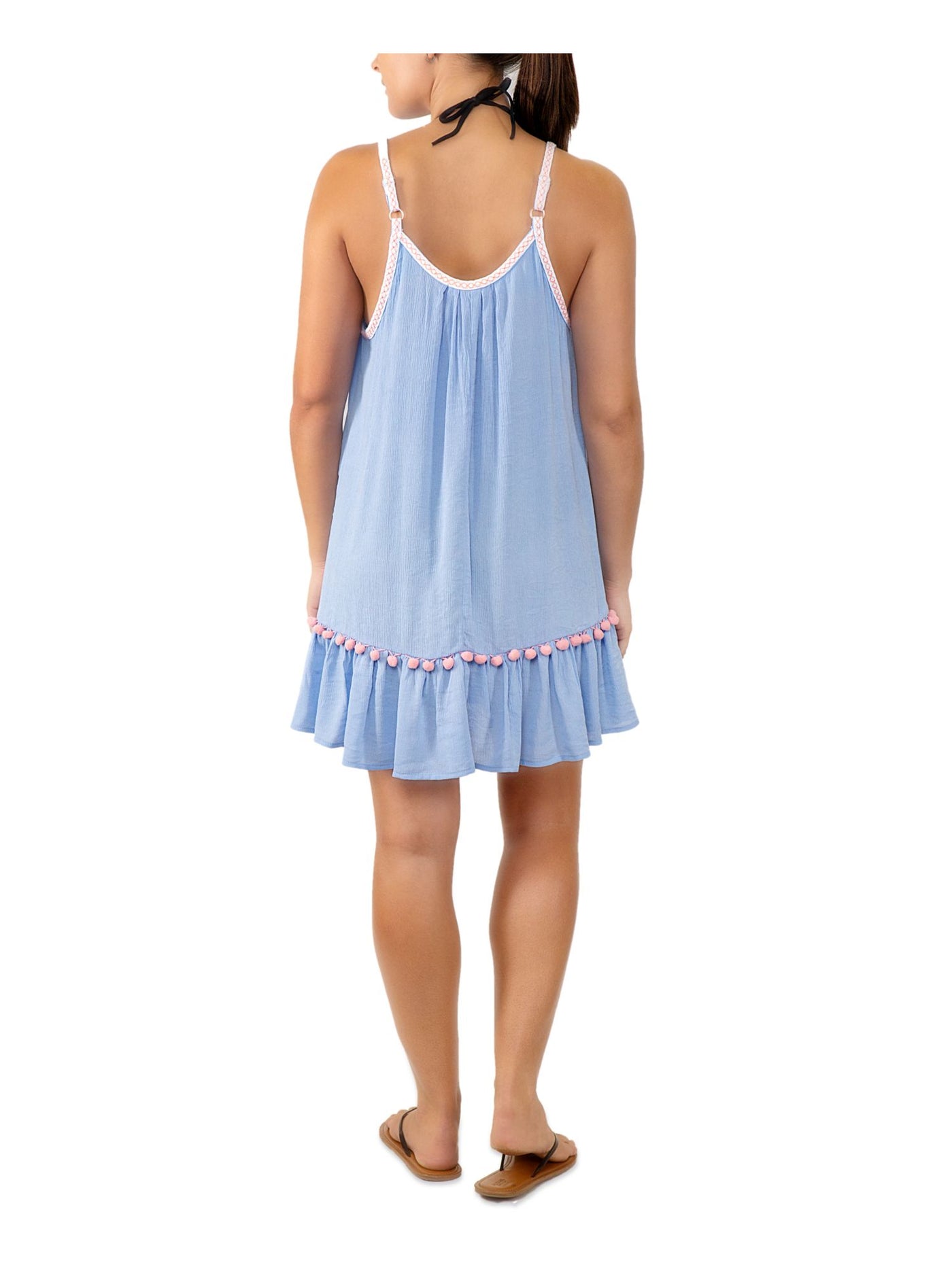 MIKEN SWIM Women's Blue Pull Over Pom Pom Trim Adjustable Ruffled Scoop Neck Swimsuit Cover Up XS