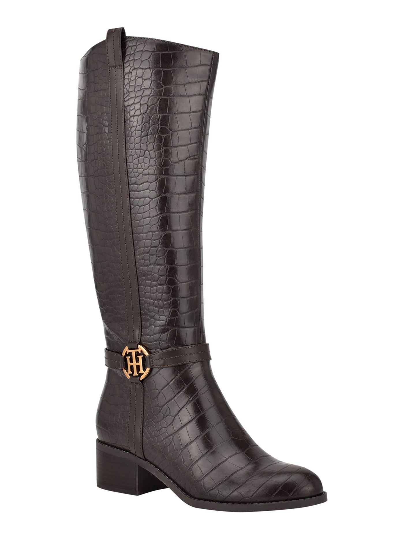 TOMMY HILFIGER Womens Brown Signature Hardware Round Toe Stacked Heel Zip-Up Dress Boots 5.5