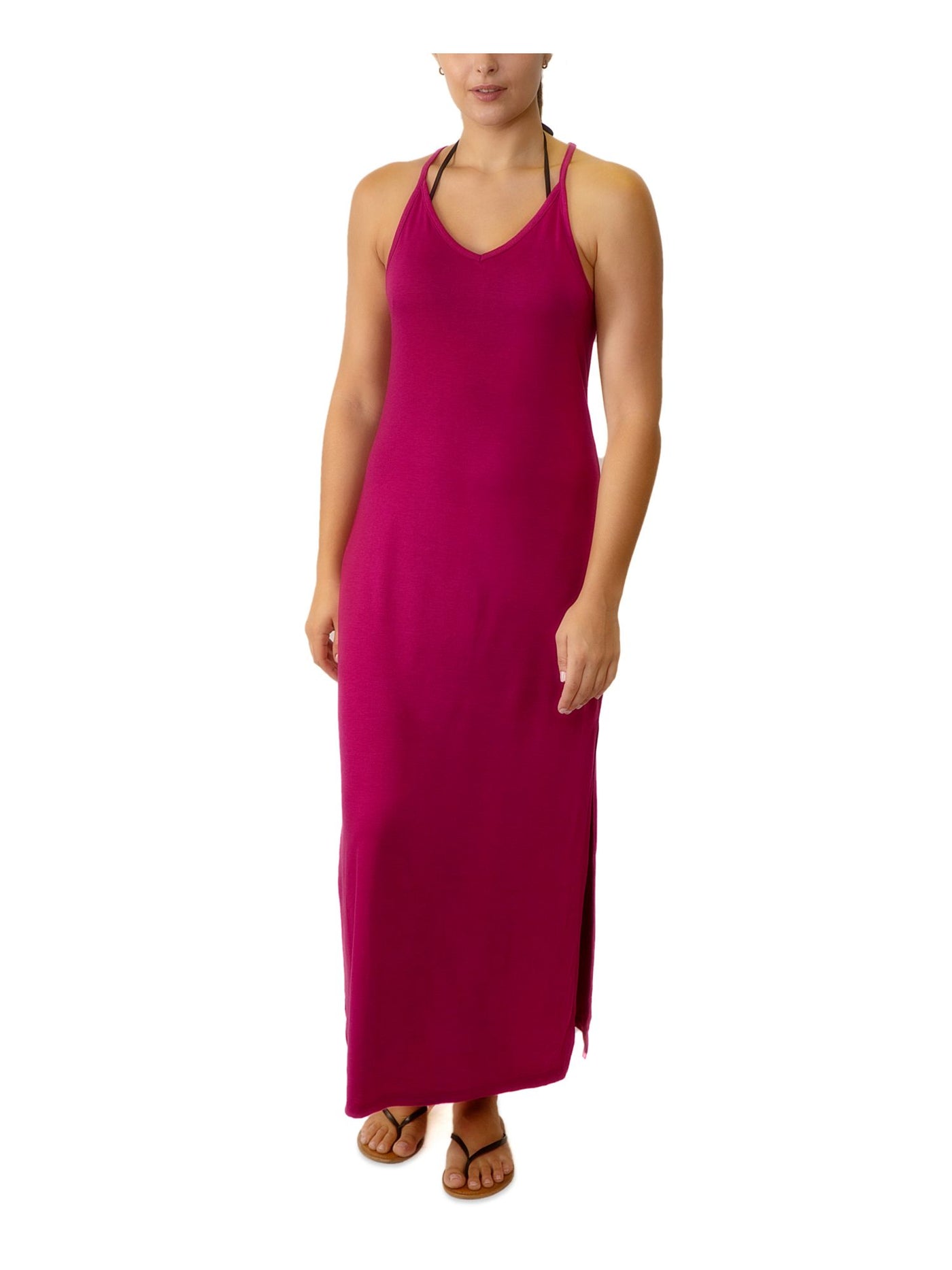 MIKEN Women's Purple Stretch Racerback Maxi Slit Adjustable Deep V Neck Swimsuit Cover Up XS