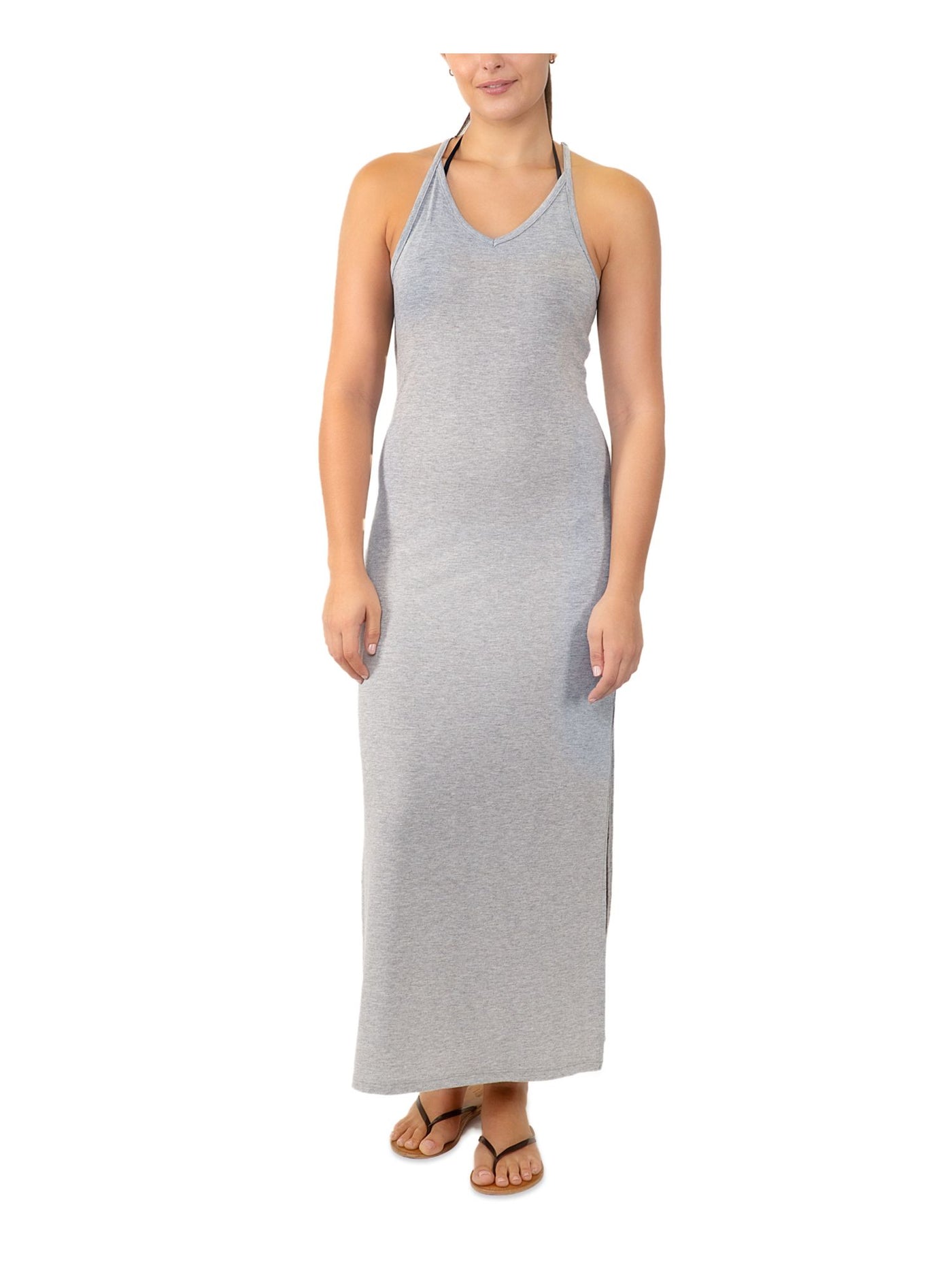 MIKEN SWIM Women's Gray Racerback Maxi Slit Dress Adjustable Deep V Neck Swimsuit Cover Up S