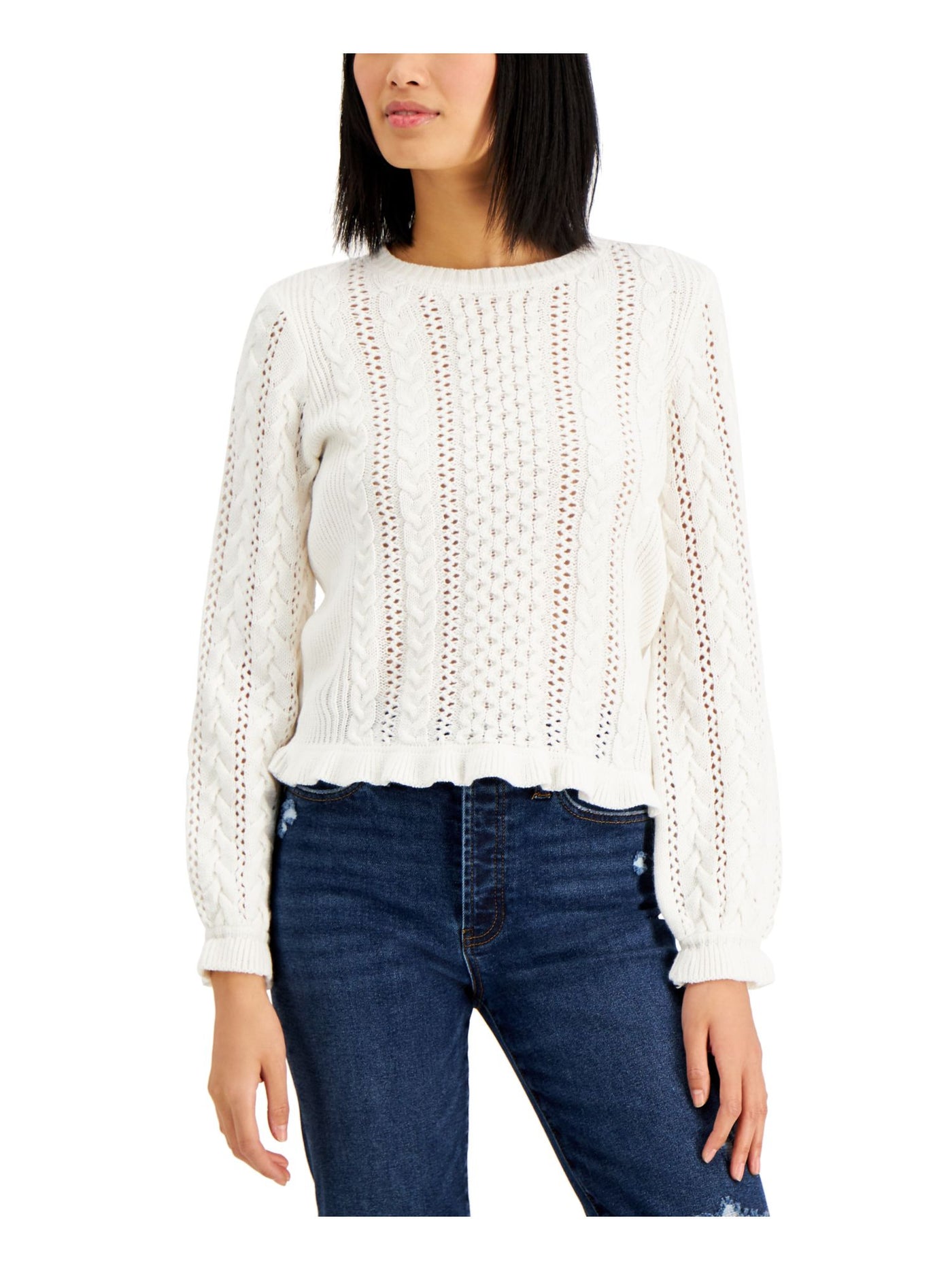 WYNTER Womens White Ruffled Pullover Long Sleeve Crew Neck Sweater L