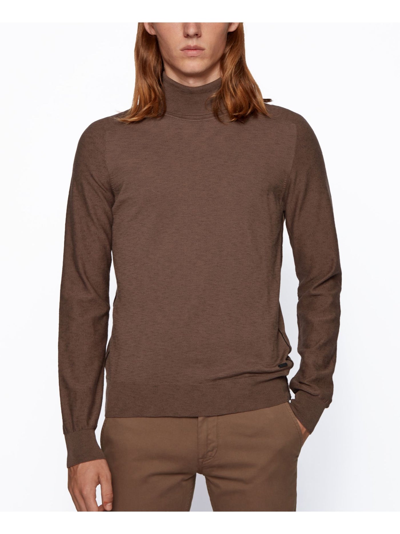 BOSS Mens Kamyore Brown Heather Long Sleeve Turtle Neck Slim Fit Knit Pullover Sweater M