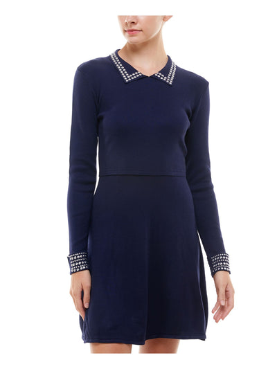 Rosie Harlow Womens Navy Embellished Polo Long Sleeve Collared Short Fit + Flare Dress Juniors S
