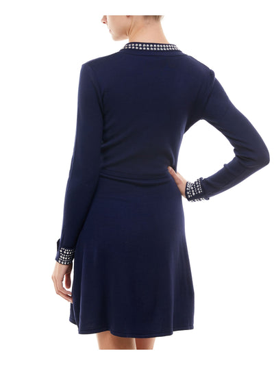 Rosie Harlow Womens Navy Embellished Polo Long Sleeve Collared Short Fit + Flare Dress Juniors S