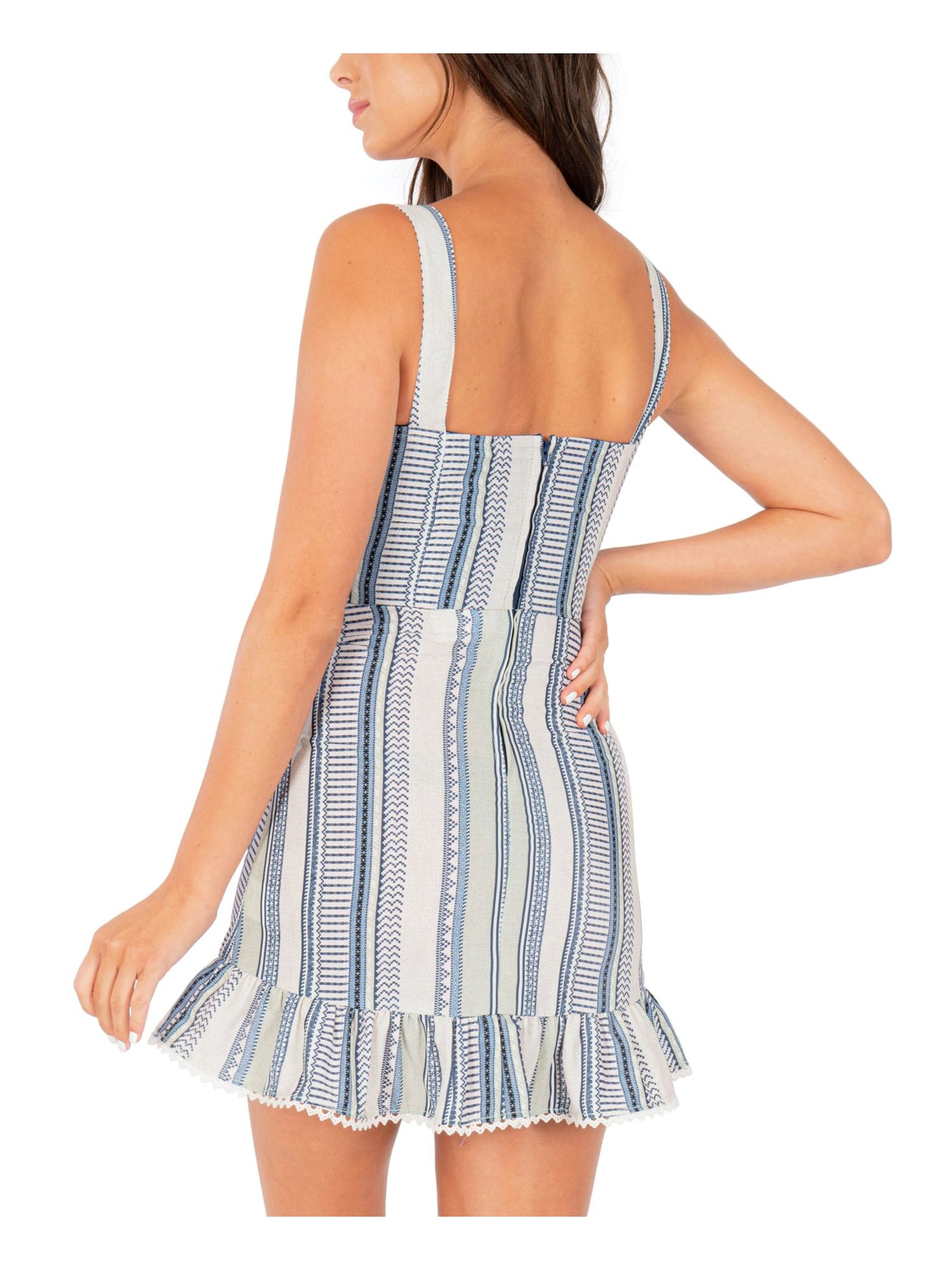 SPEECHLESS Womens Blue Ruffled Striped Sleeveless Sweetheart Neckline Mini A-Line Dress L